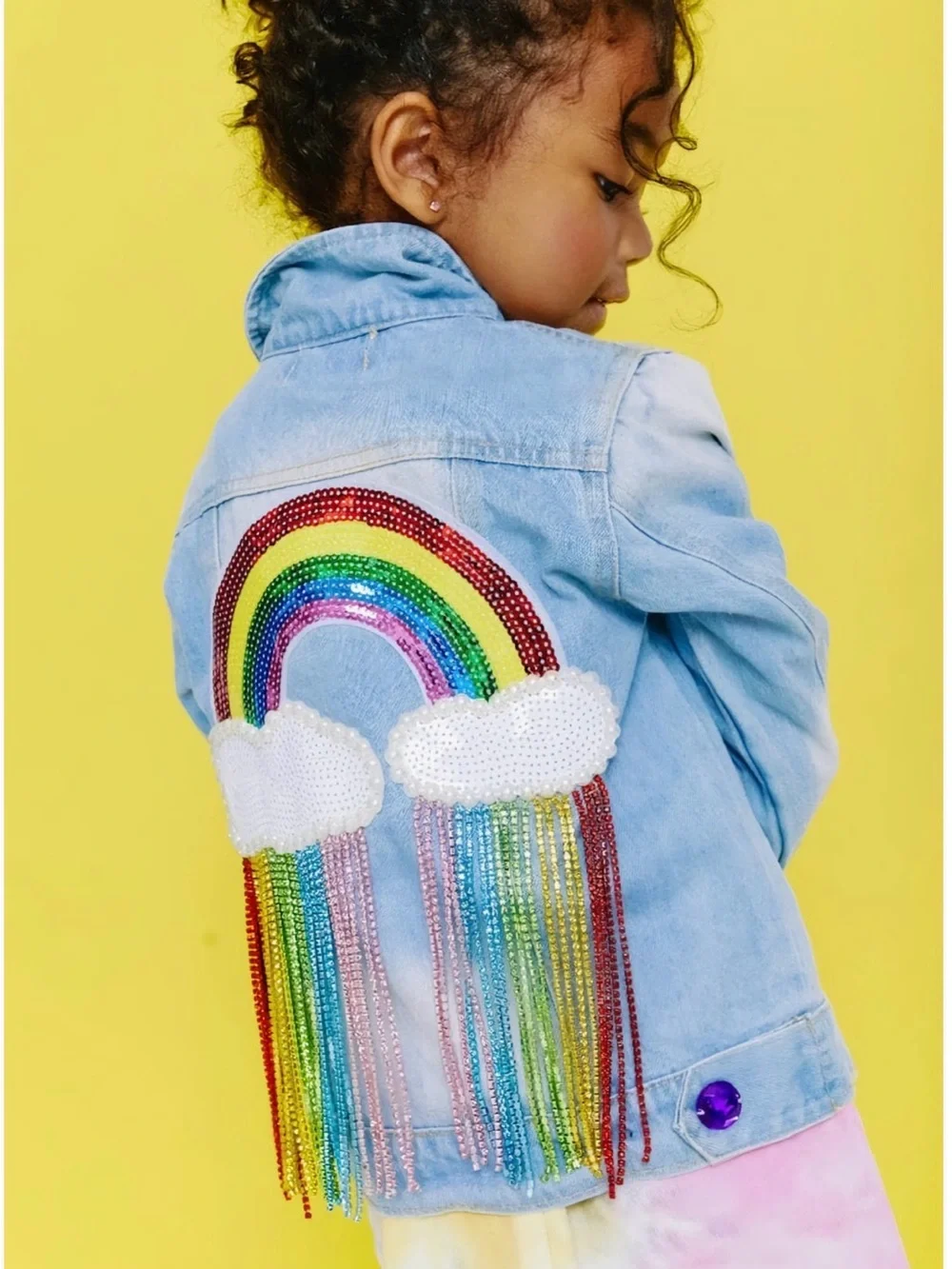 LOLA AND THE BOYS Kids Light Blue Denim Jacket with Sequin Rainbow Patch SIZE 6